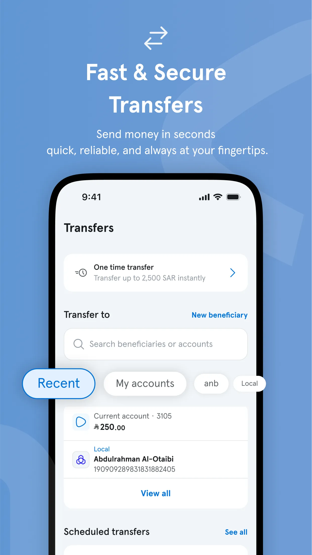 App store screenshot: Fast and Secure Transfers, showing the transfers screen